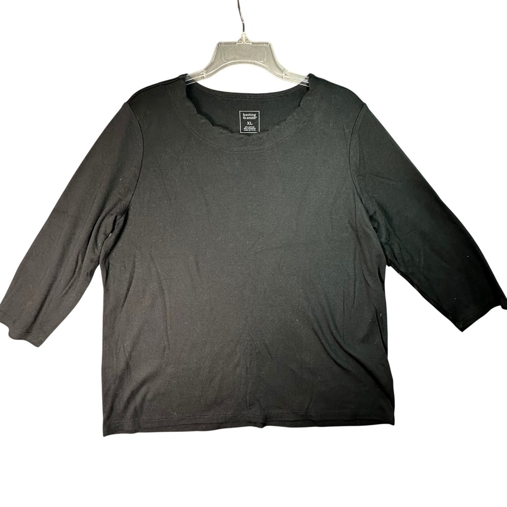 Hastings & Smith Scalloped Neck 3/4 Sleeve Top Classic Minimalist XL Black Basic